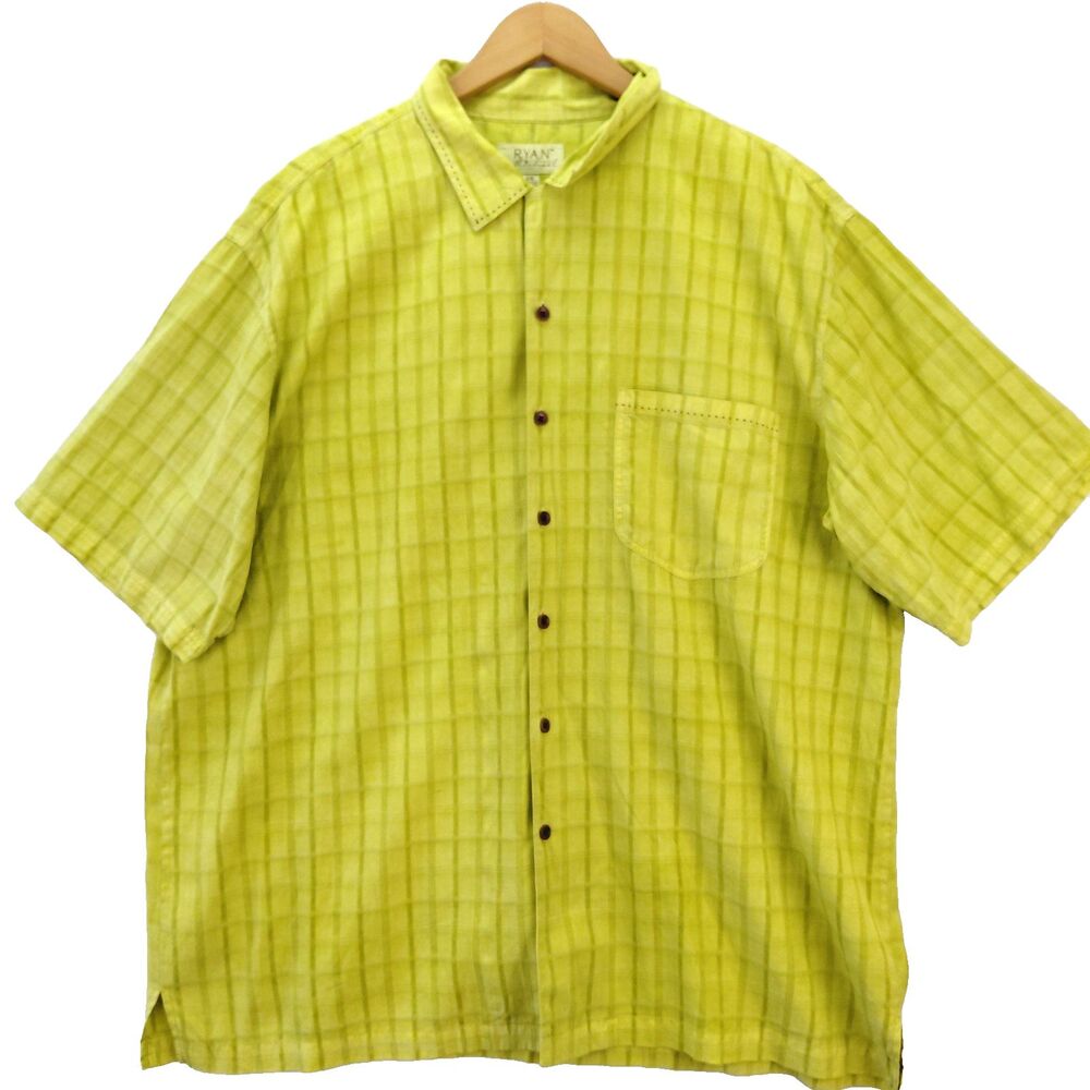 Ryan Michael Silk Shirt Mens XXL Green Plaid SS Button Yoke Western Cowboy Beach